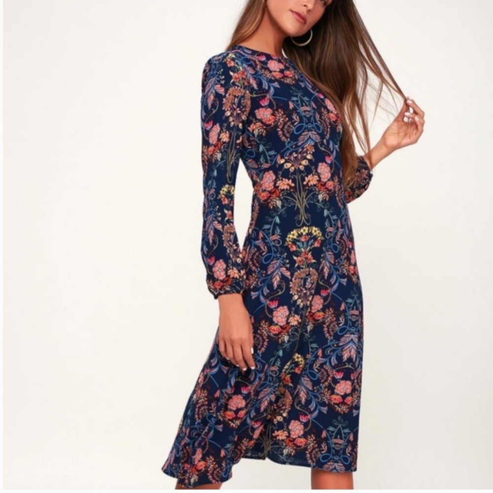 I.Madeline Floral Long Sleeve Dress Red Blue Navy Vintage Small Midi Victorian